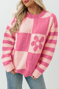 Orchid Petal Checkered Floral Print Striped Sleeve Sweater