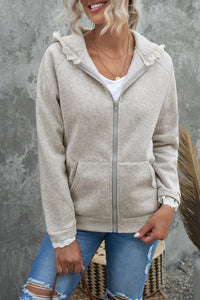 Gray Zip-up Lace Trim Hooded Coat