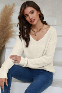 Black Ribbed Knit V Neck Sweater