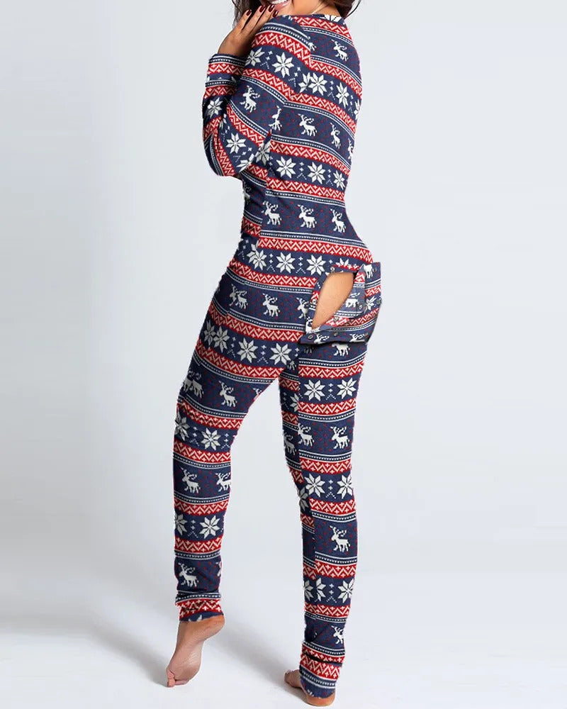 Sexy Pyjama Women's Jumpsuit Suit Button-down Front Back Butt Bum open Ass Flap Jumpsuit Loungewear Christmas Print Buttoned