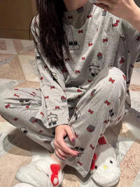 Women's Loose Round Neck Cute Kitty Homewear Pajamas Women's Simple Leisure Long Sleeve Long Pants Two-piece Suit Pajamas  Women