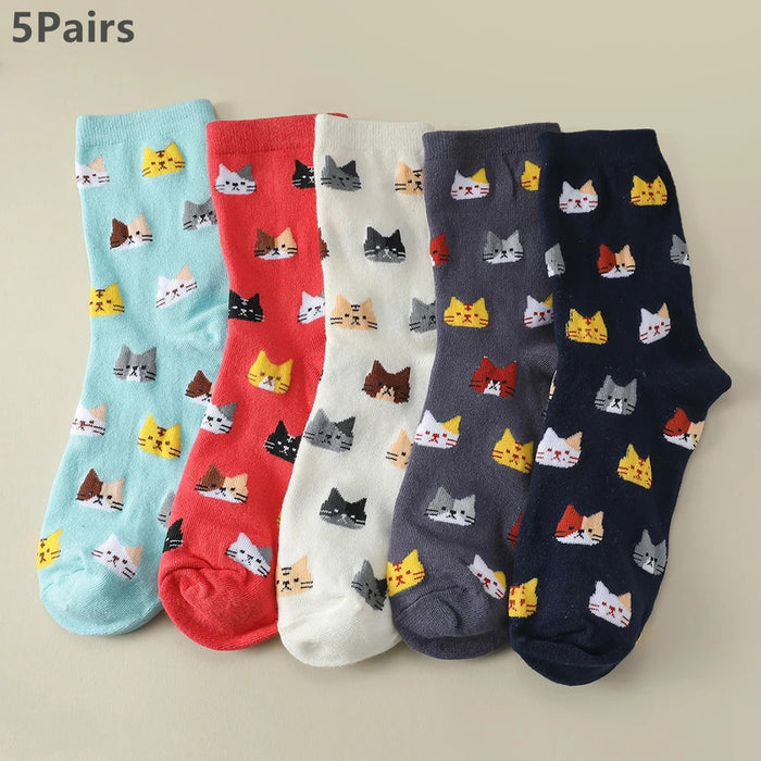 5 Pairs Women Cat Pattern Crew Funny Cartoon Socks Lot