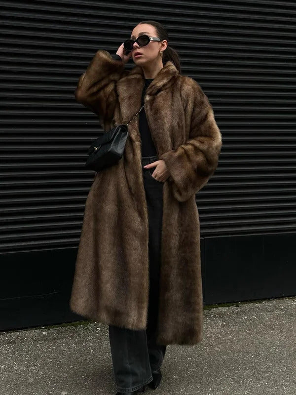 Dark Brown Faux Fur Long Overcoat For Women Fashion Lapel Single Breasted Loose Fluffy Plush Warm Coat Winter Thicken Outerwear