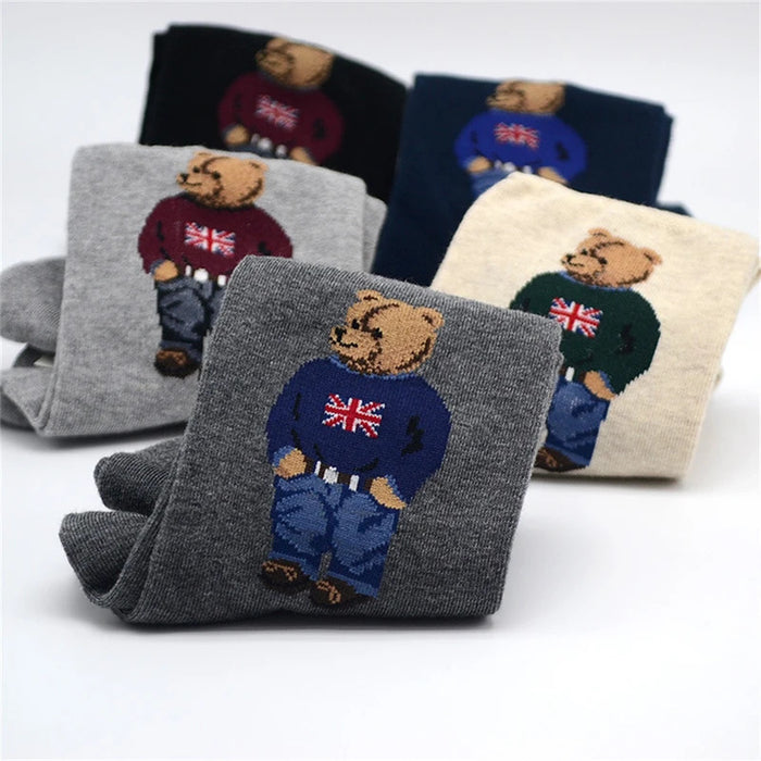 Designer socks Cartoon Gentleman Bear Men's Socks Cotton Harajuku Style Sport Boys Skateboard Novelty Breathable  Christmas Gift