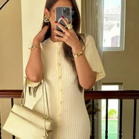 Elegant Knitted Ribbed Long Dress Women Slim Wave O-neck Short Sleeve Hip Package Dresses Female 2024 Summer Lady  Robe