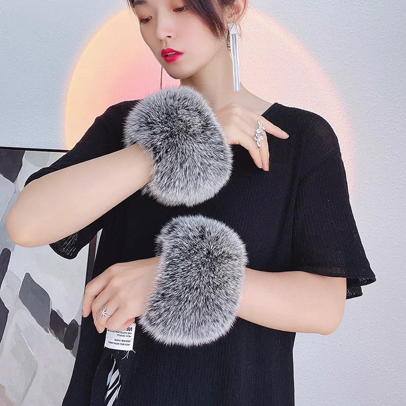 Natural Fox Fur Cuffs Wrist Arm Warmer Women Jacket Coat Sleeve Fur Triming Ladies Bracelet Real Fur Wristand Glove Snap Ring