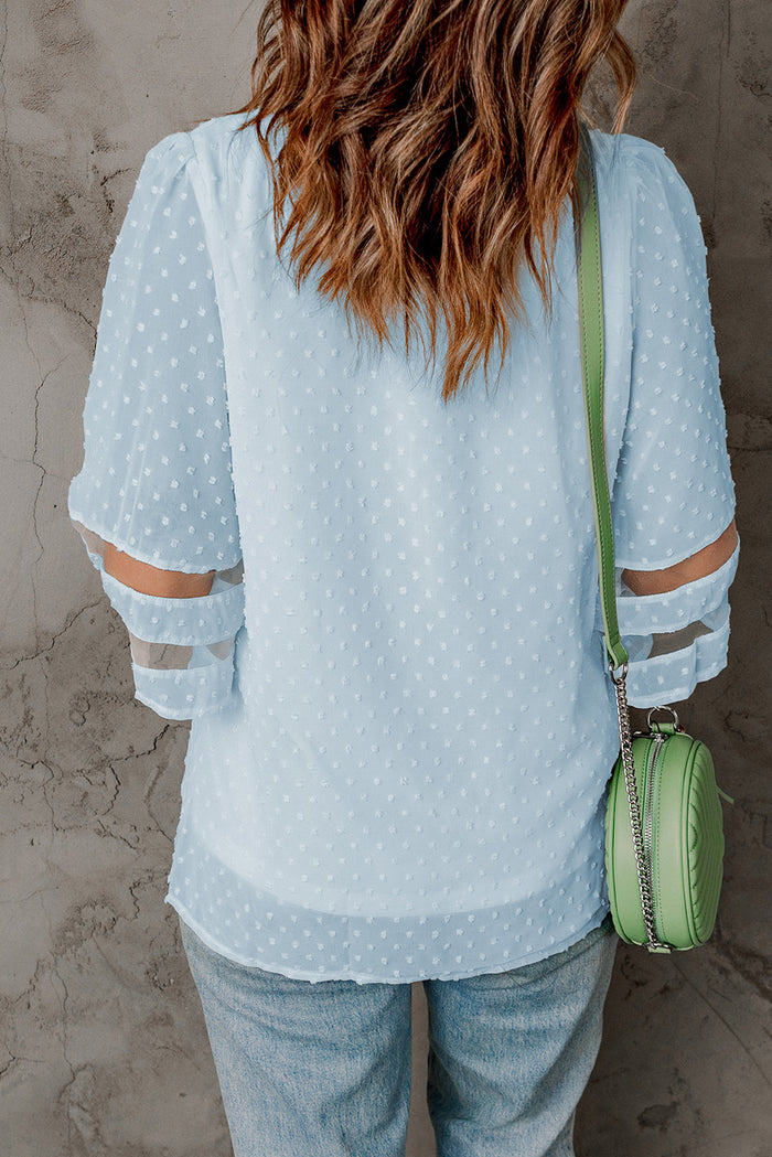 Sky Blue  V Neck Mesh Stripes Kimono Sleeve Swiss Dot Blouse