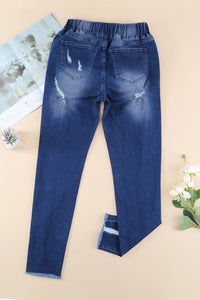 Blue Drawstring Elastic Waist Hole Ripped Jeans