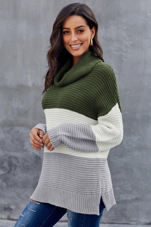 Green Turtleneck Color Block Pullover Sweater