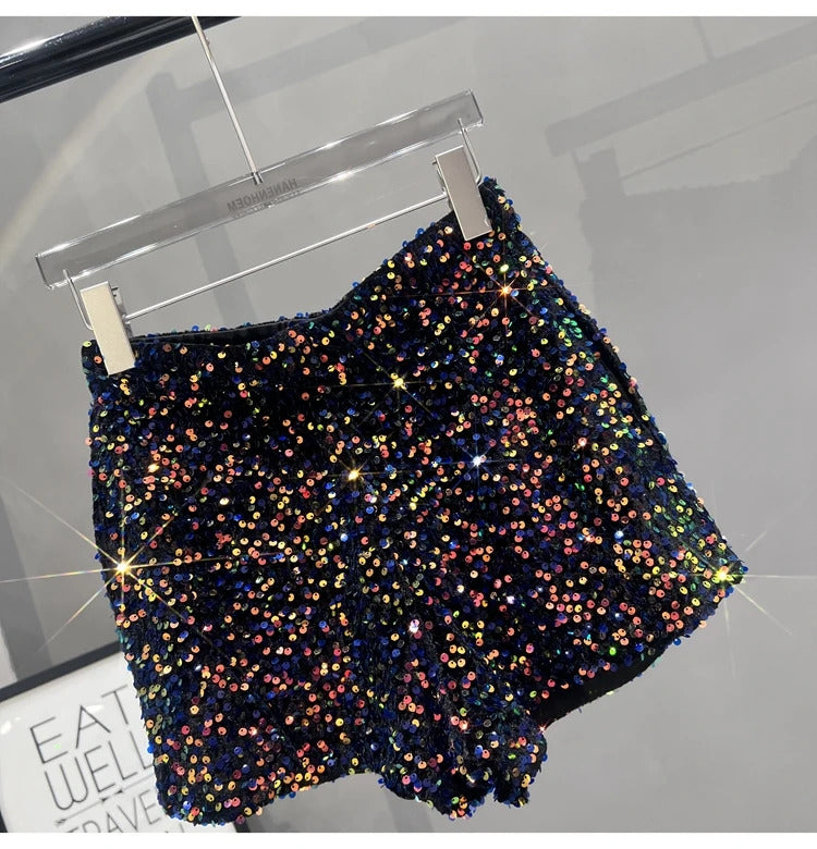 Europe and America Sequined Black Shorts Slim Suede Embroidered Beads Grey Casual Pants Women's Hot Pants