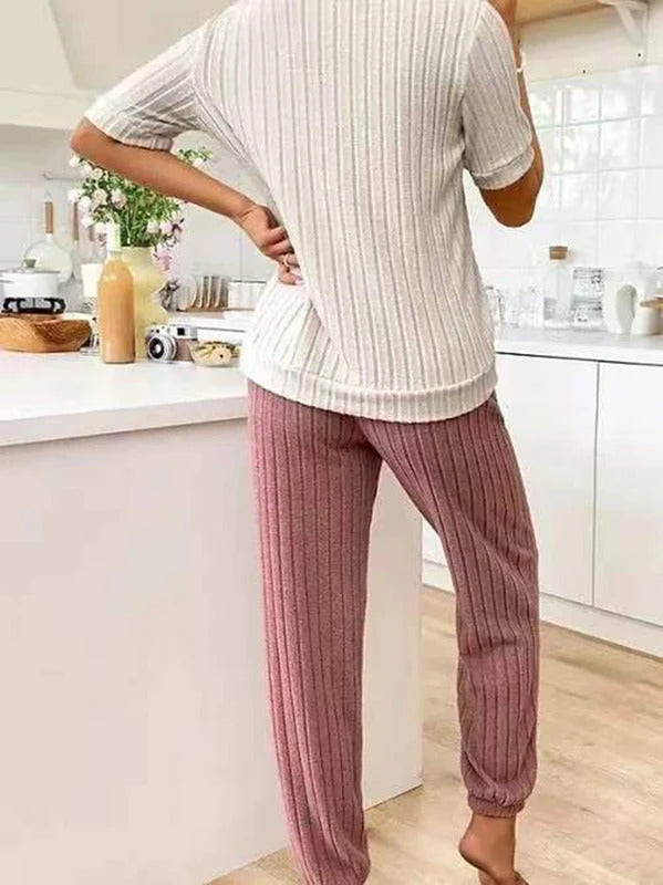 Women's new style pajamas set heart pattern short sleeve shirt trousers two-piece simple and lovely casual home wear