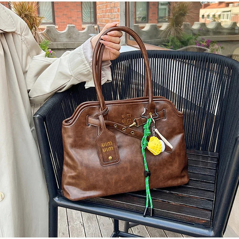 Women's Retro Brown Shell Bag Popular Large Capacity Multiple Compartments Briefcase High Quality Fashion Shoulder Tote Bag