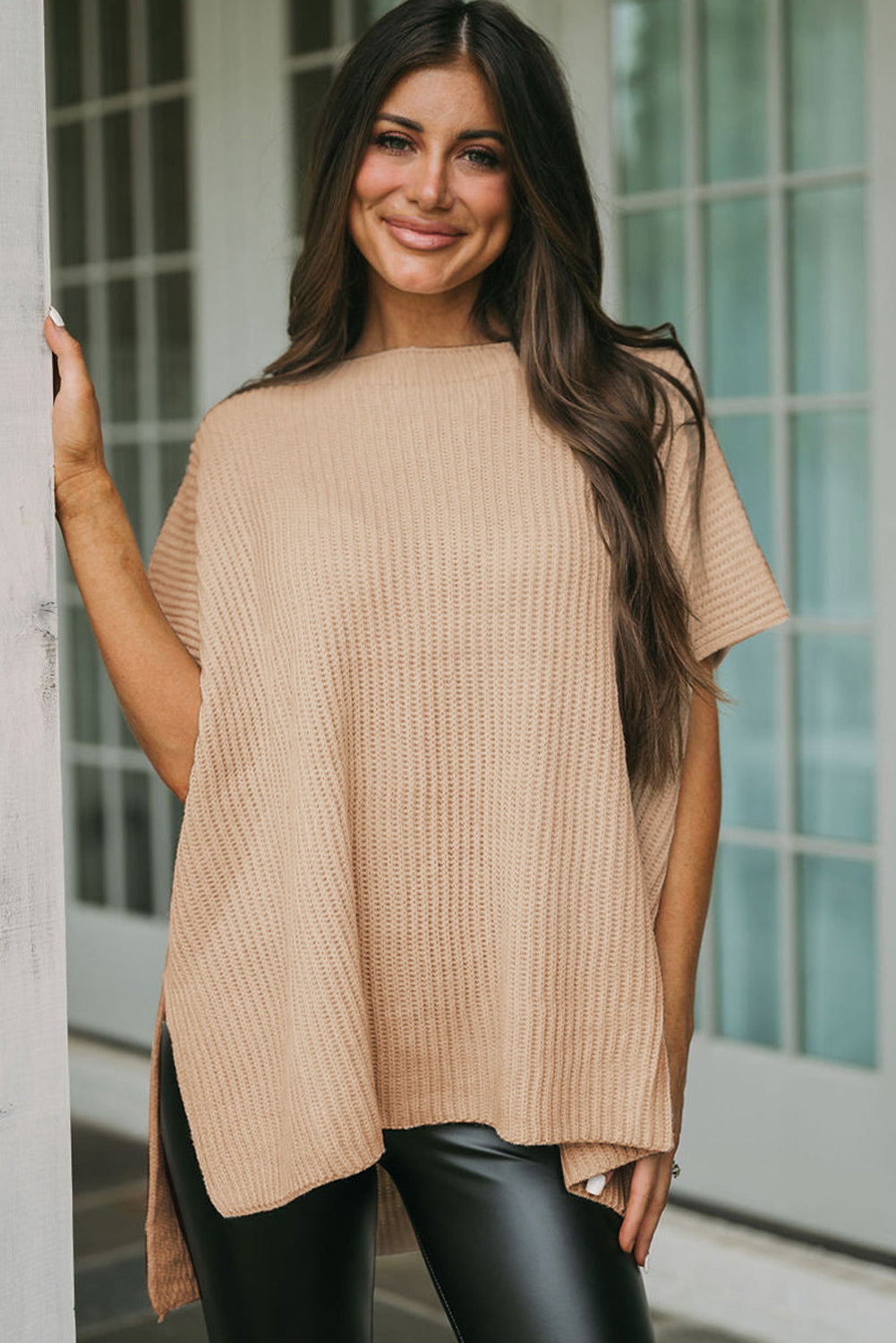 Apricot Short Sleeve Side Slit Oversized Sweater