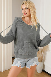 Gray Rivet Kangaroo Pocket Hooded Sweater