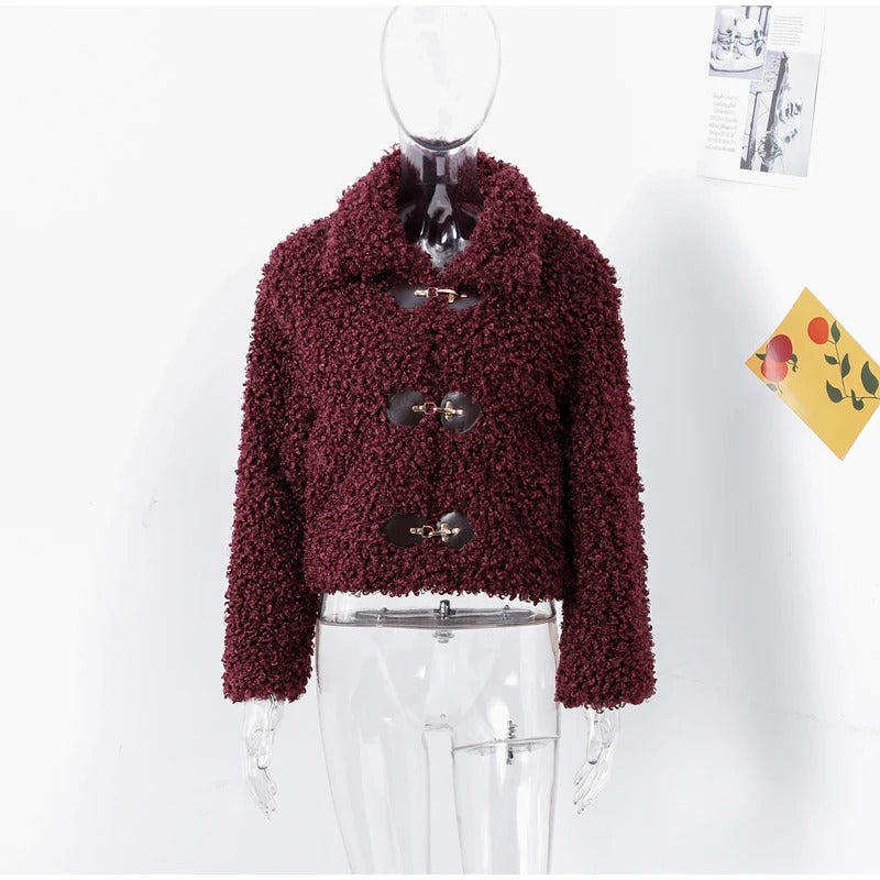 Casual Women's Short Fleece Coat Loose Lapel Leather Buckle Long Sleeve Female Jacket 2024 Autumn Winter Lady Warm Plush Outwear