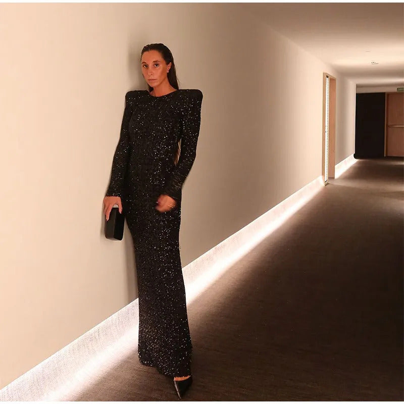 Chic Black Shiny Sequins Maxi Dress 2024 New Women O Neck Long Sleeve Party Gowns Female Autumn Elegant Evening Event Veatisos