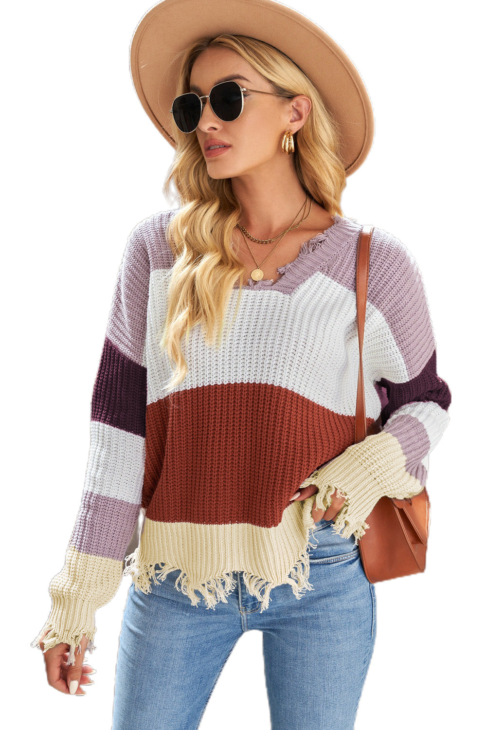 Gray Colorblock Distressed Sweater