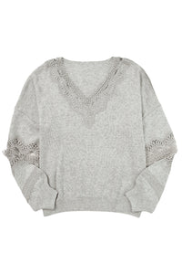 Gray Plus Size Hollowed Lace Splicing V Neck Sweater