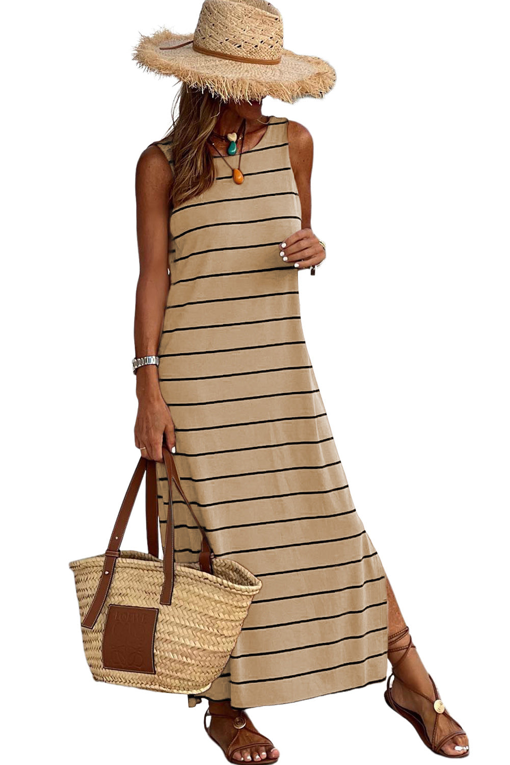 Women's Stripe Print Open Back Sleeveless Tank Maxi Dress with Slits