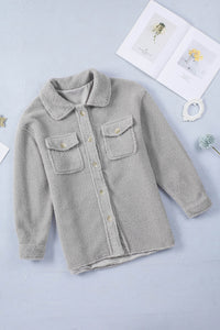 Gray Flap Pockets Button Front Teddy Jacket