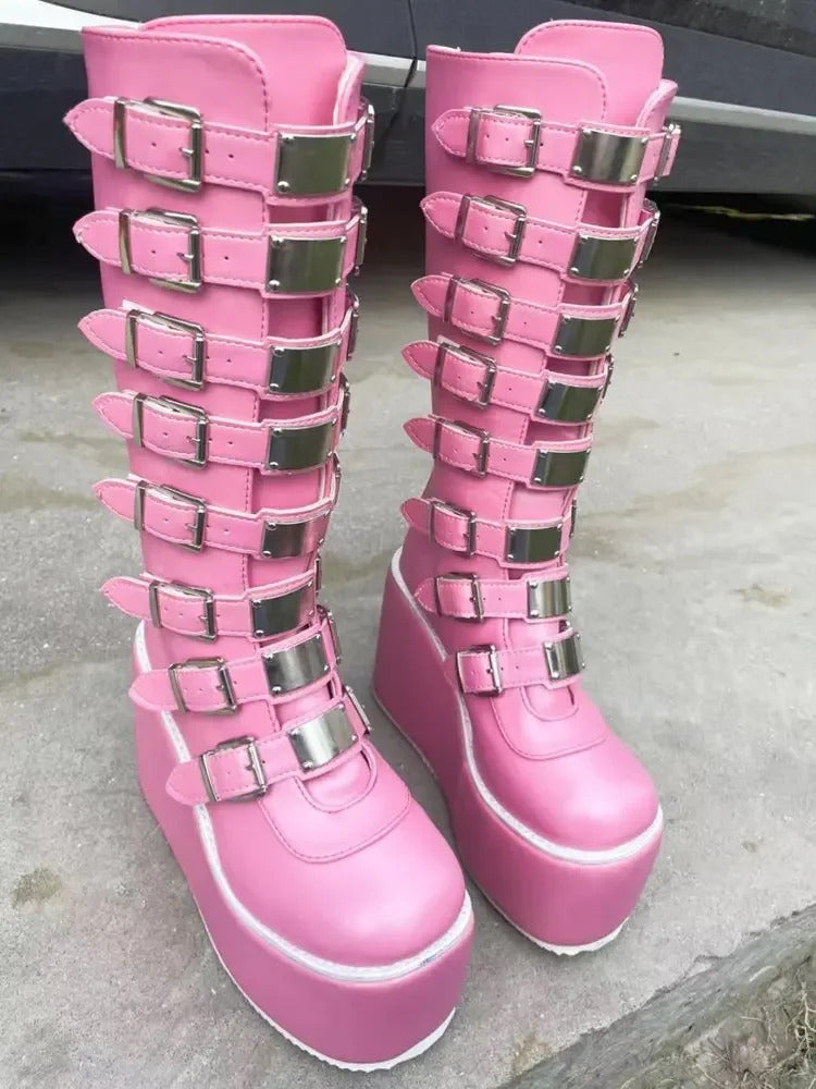 Punk Women Boots Cosplay Ladies High Heel Platform Wedges Women High Boots Gothic Buckle Strap Long Tube Leather Female Boots