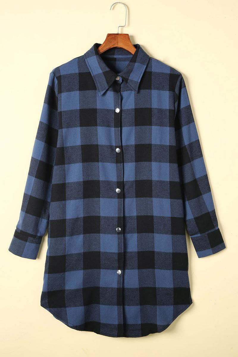 Blue Turn-down Collar Plaid Shirt Jacket