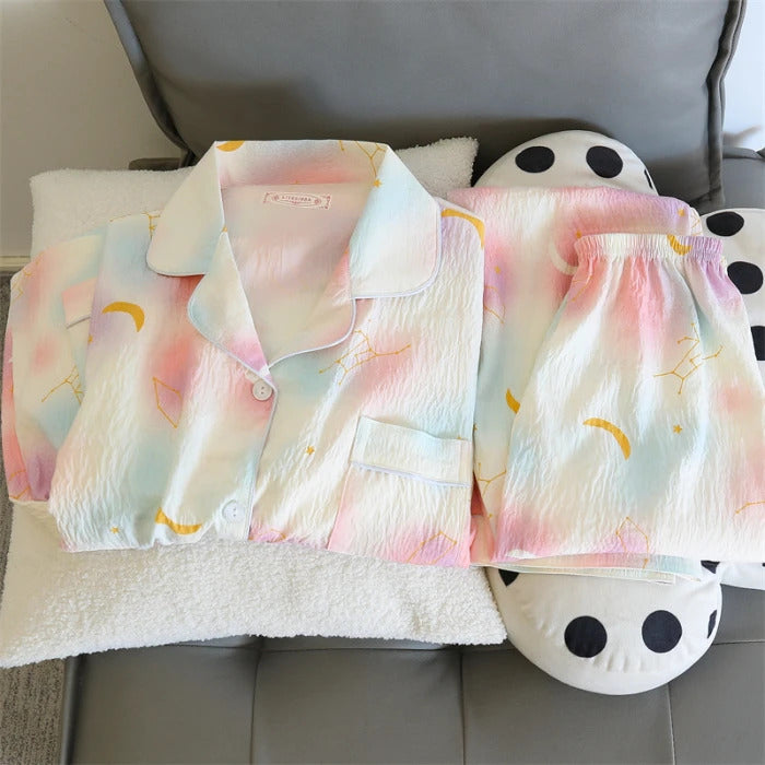 Cherries Print Two Pieces Pajamas Set Autumn Faux Cotton Pajamas Korean Fashion Home Clothes Ladies Pants and Top Set Pijamas