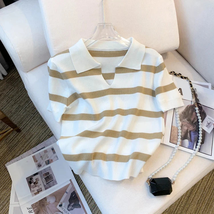 2024 New Striped Pattern Collared Sweater Versatile Short Sleeve Knitted Top For Spring & Summer Women's Clothing Crop Top