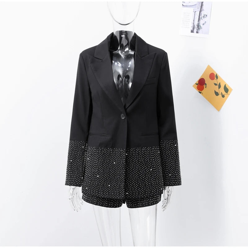 Elegant Rhinestone Jacket Sets Women Shinny Black Lapel Long Sleeve Button Jackets Mini High Waist Shorts Fashion Party Outwear