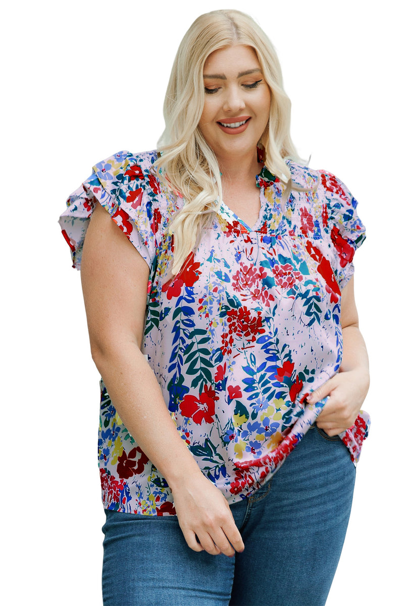 Red Plus Floral Print Ruffle Cap Sleeve V Neck Blouse