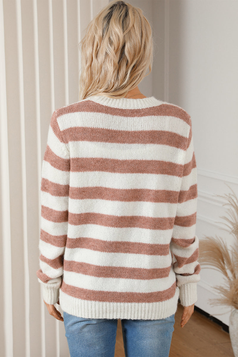 Brown Striped Round Neck Casual Sweater