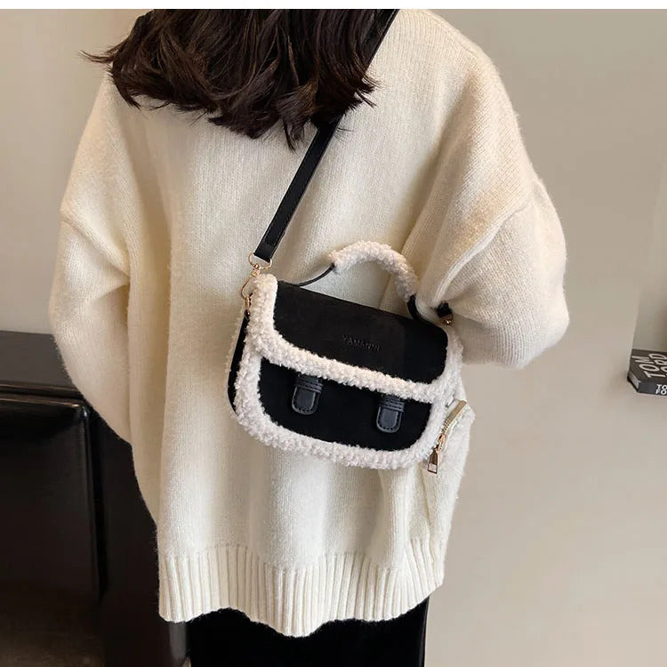 2023 Winter New Women's Plush Small Square Bag Color Contrast Design Single Shoulder Crossbody Bag Brown Handbag