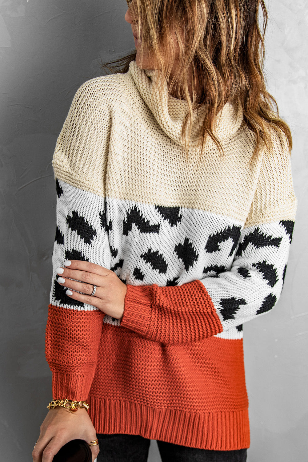 Apricot Turtleneck Splicing Chunky Knit Pullover Sweater