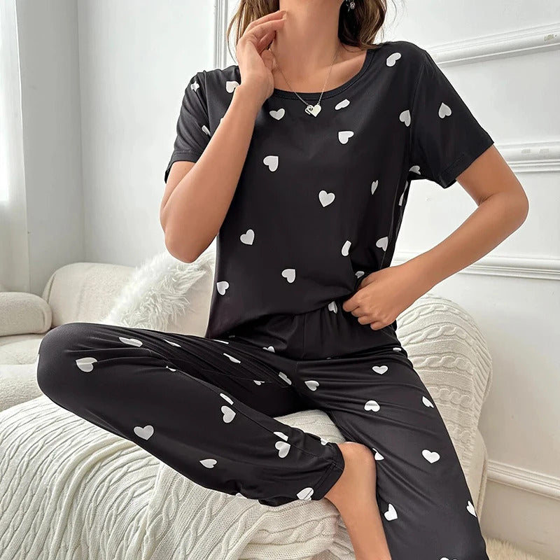 Women's Pajama Set Casual Heart print T-Shirt With Pants Sleepwear Loungewear Nightwear 2 Piece Sets Pijama Pajamas for women