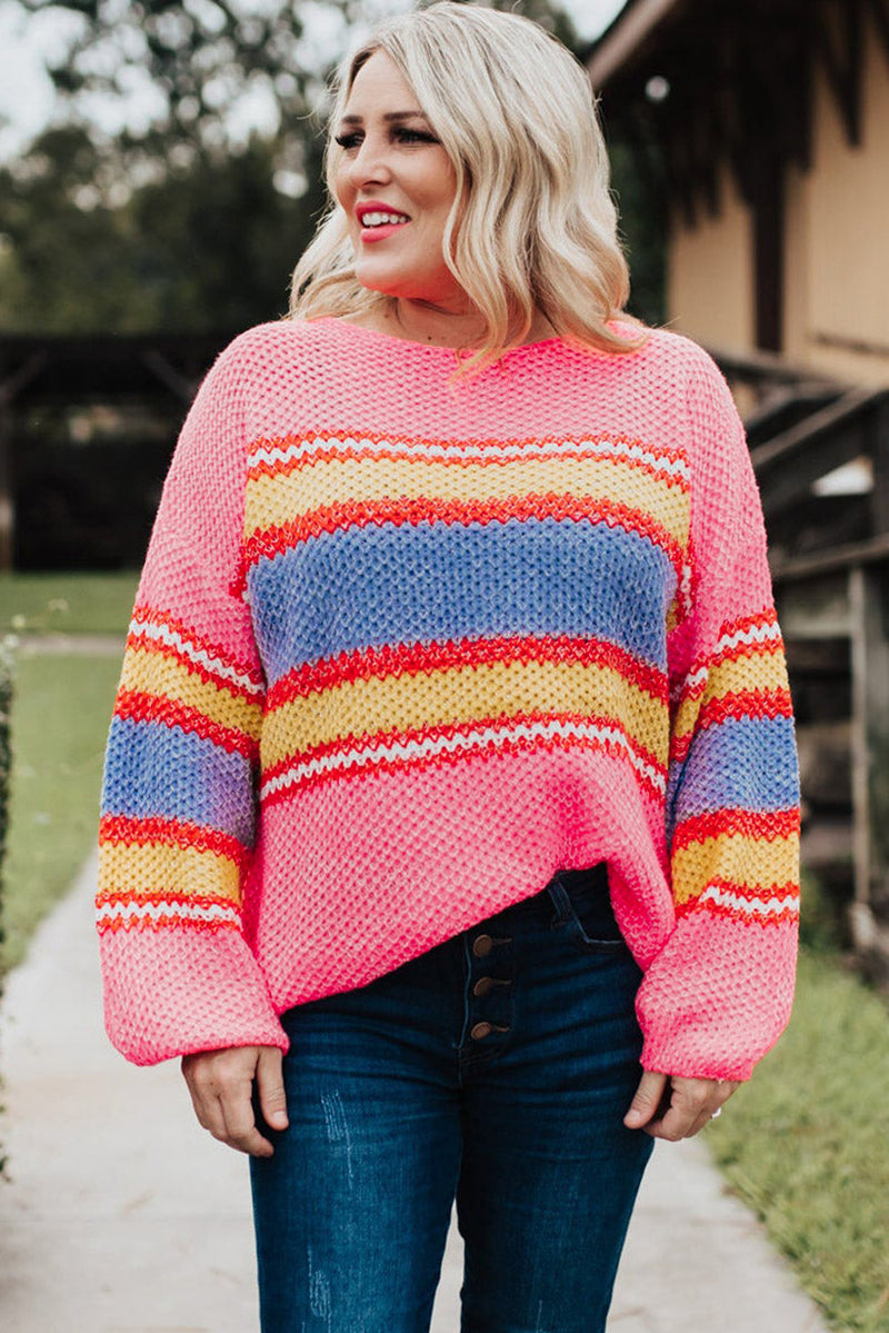 Pink Plus Size Stripe Oversized Sweater