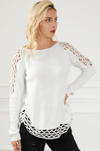 White Solid Scoop Neck Hollow Out Sweater