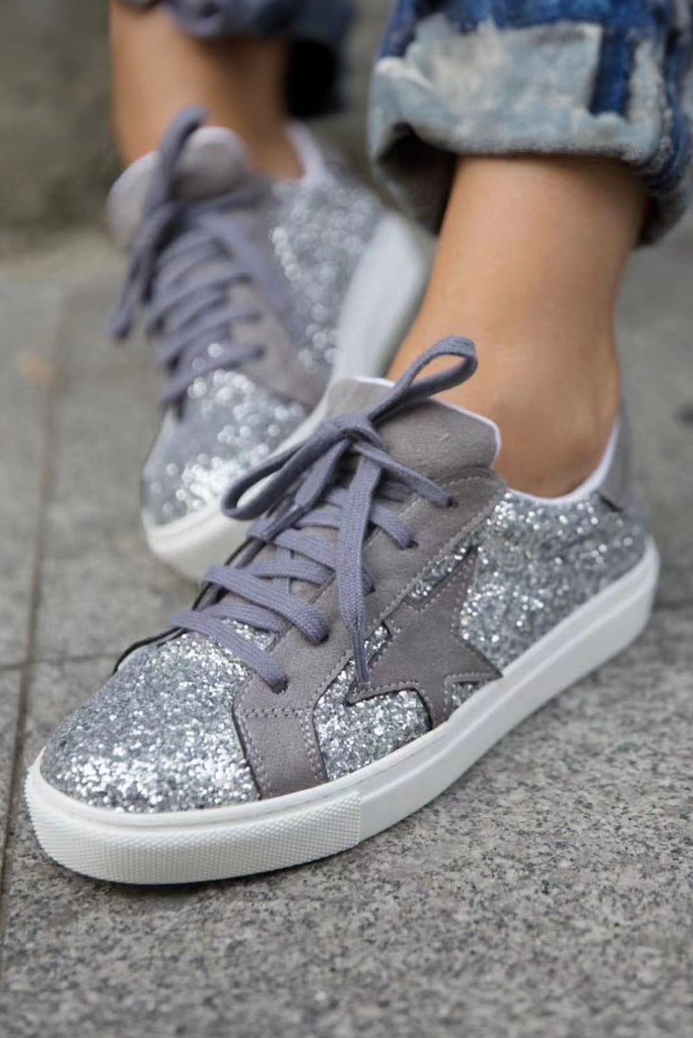 Gray Star Patch Sequin Lace up Shoes