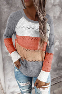 Wine Accent Knitted Color Block Long Sleeve Crew Neck Sweater