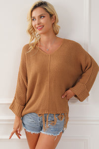 Camel Tasseled Hem Knit Baggy Sweater