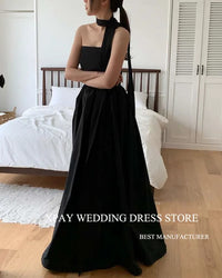 XPAY Black A Line Taffeta korea Evening Dresses Photo shoot Customised 4 Styles Short Sleeves Prom Gowns Wedding Party Lace Up