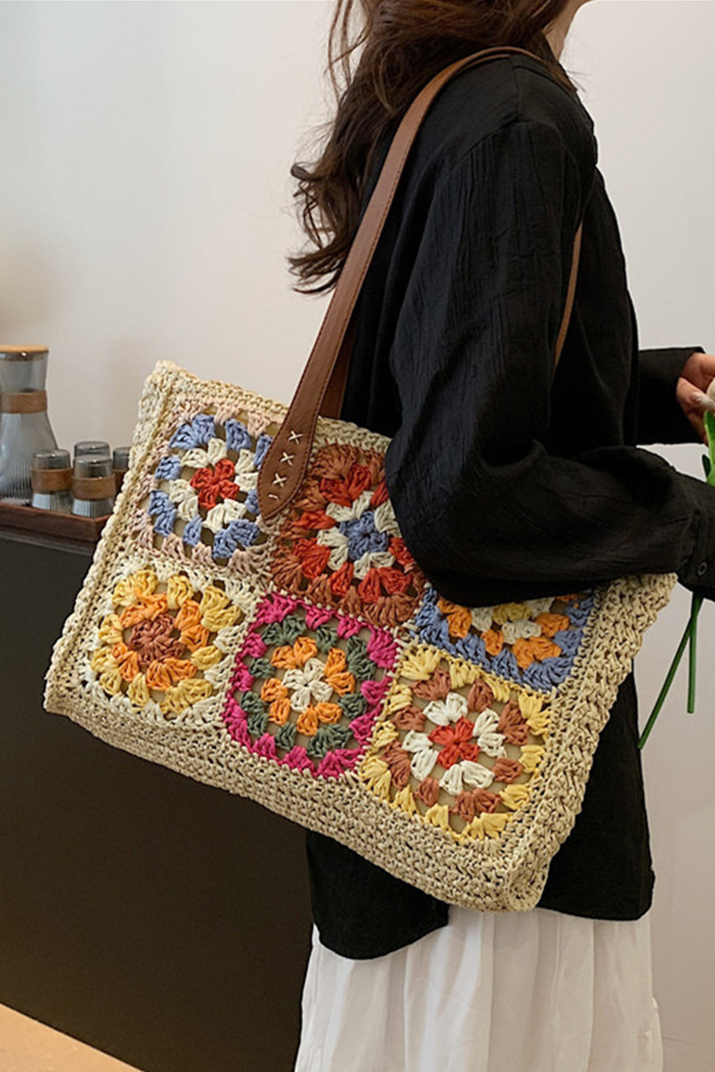 Beige Floral Crochet Large Square Tote Bag