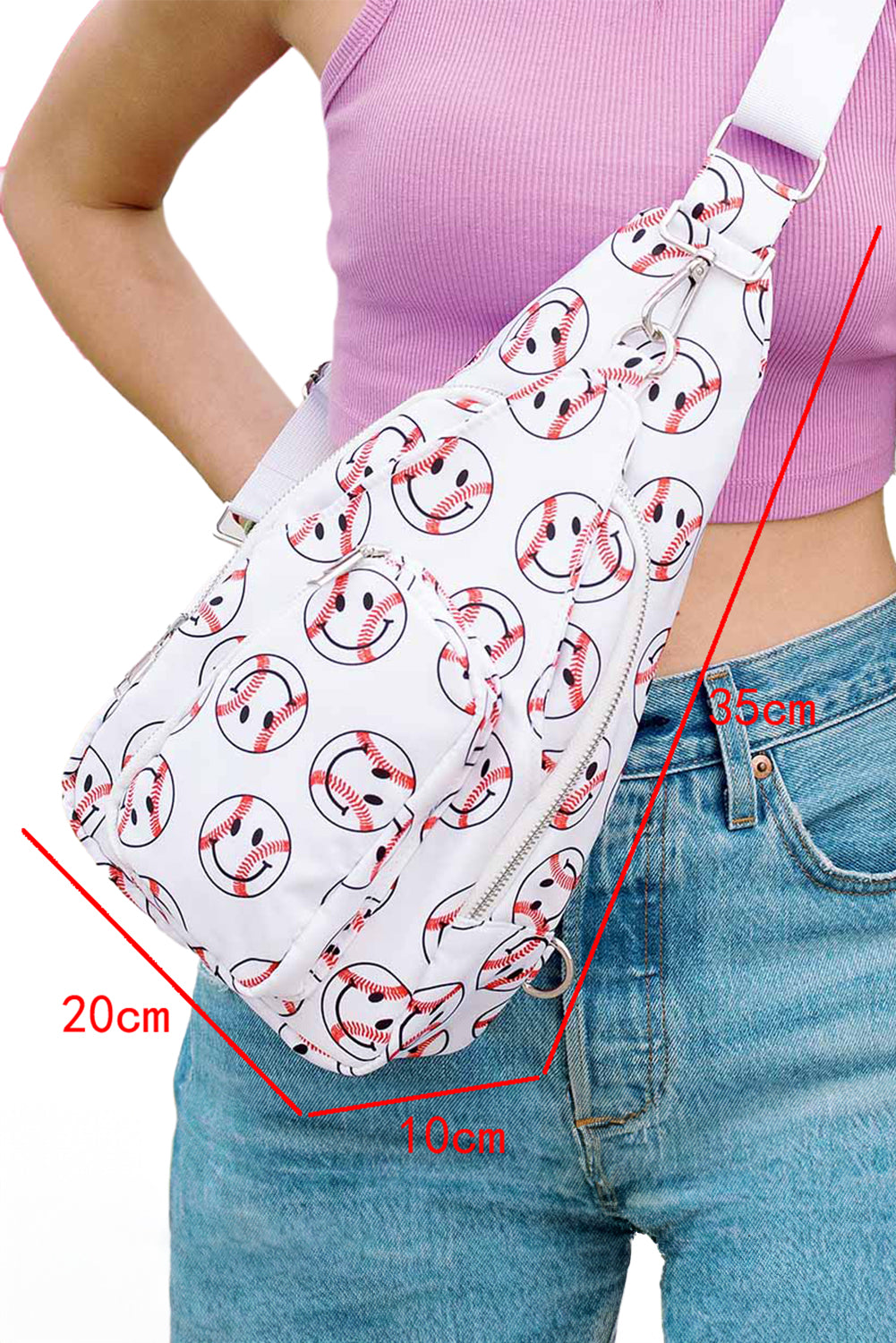 White Smile Face Baseball Print Wide Belt Sling Bag