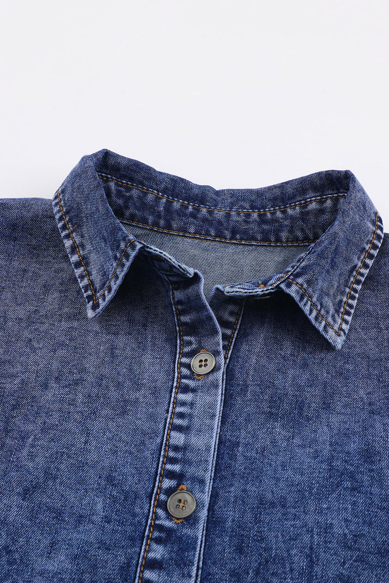 Blue Puff Sleeve Button-Up Denim Jacket