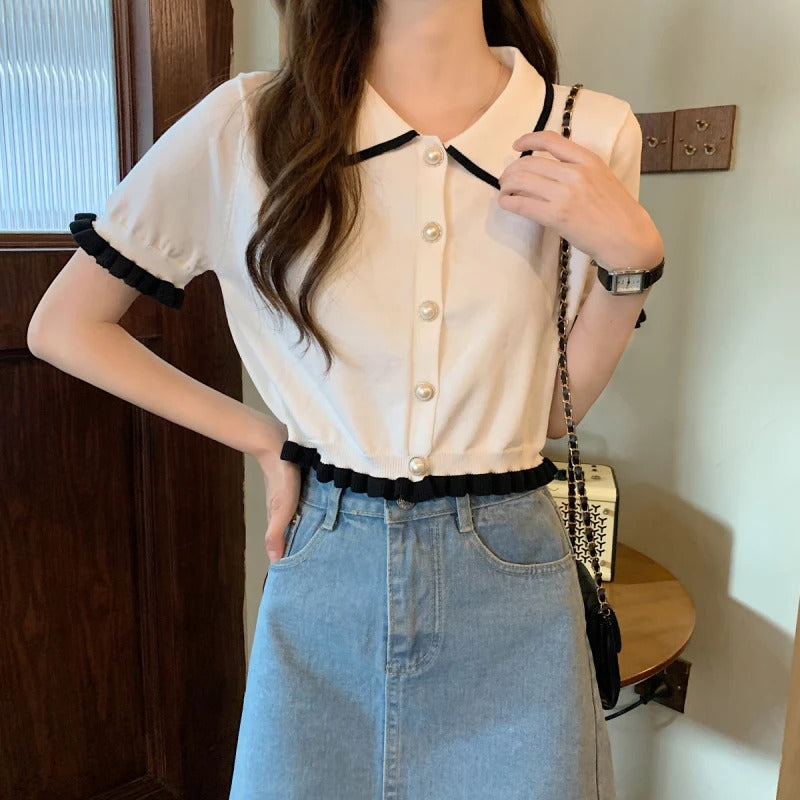 Sweet Women Shirt Korean Knitted Turn Down Collar Chic Short Sleeve Female Blouse Summer Retro Slim All Match Ladies Crop Tops