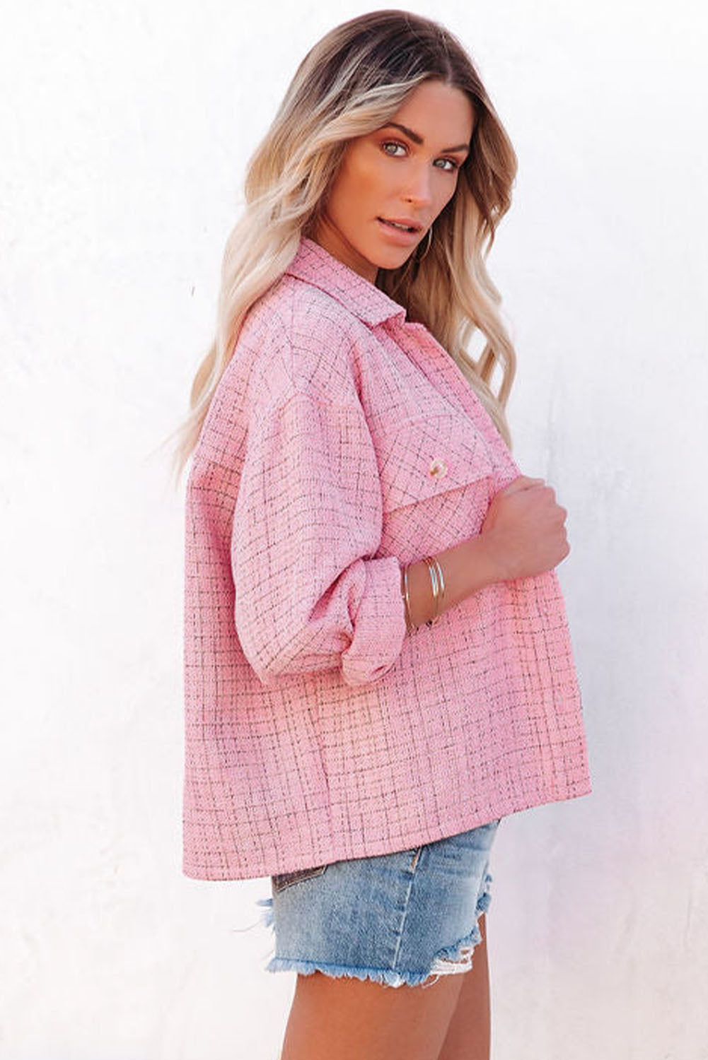 Pink Plaid Tweed Button Up Shacket