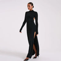 Tossy Black Backless Slim Long Dress For Women High Split Fashion Long Sleeve Patchwork Party Dress Ladies Elegant Maxi Dress