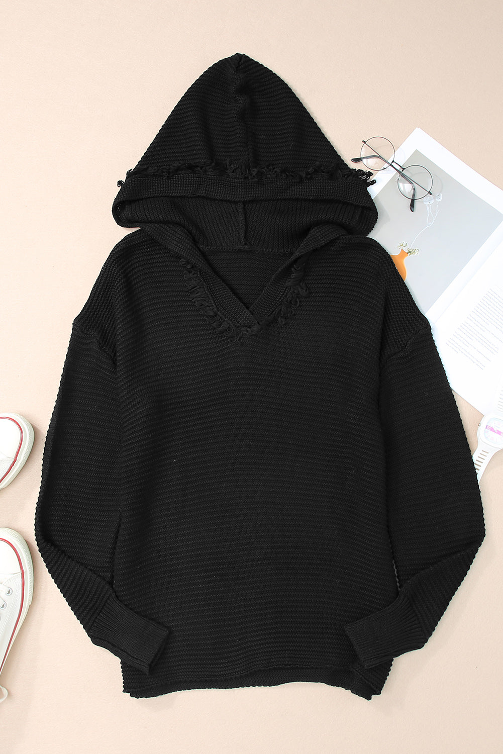 Black V Neck Ribbed Drop Shoulder Hooded Sweater