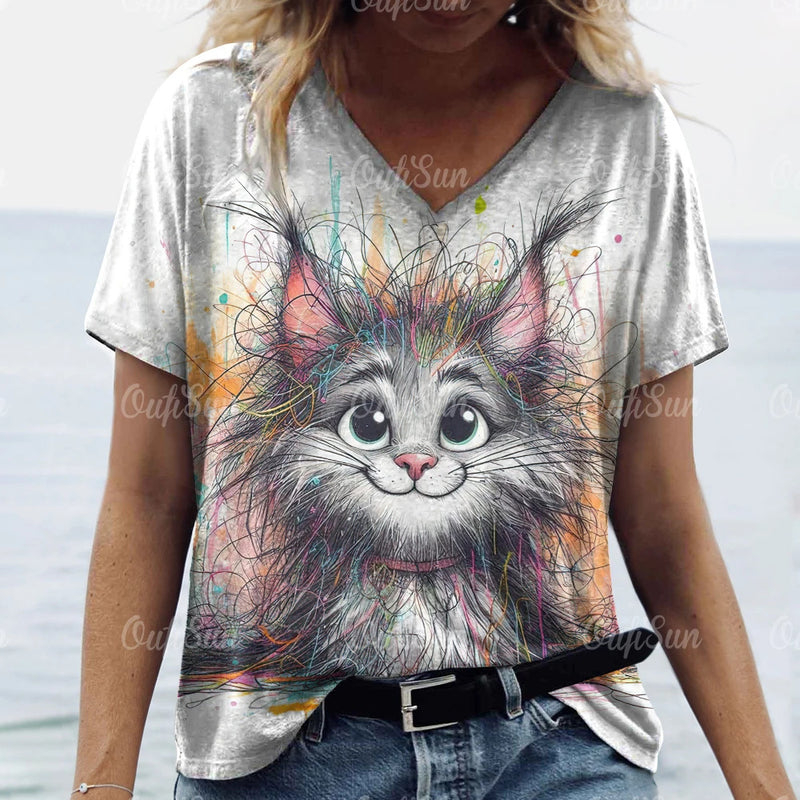 Summer Women's T Shirt Cat Print Casual Short Sleeve 3d T-Shirts Fashion Streetwear Crew Neck Pullover Female Oversized Clothing