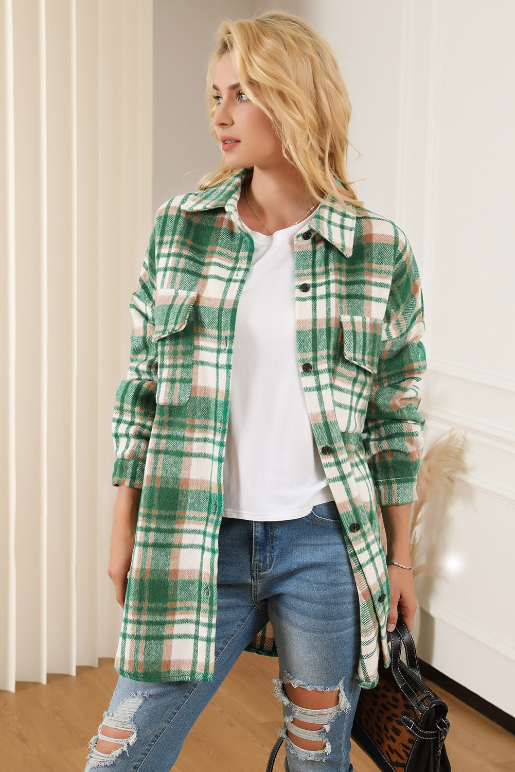 Green Plaid Flap Pocket Long Sleeve Shacket