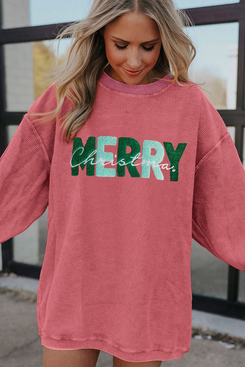 Strawberry Pink MERRY Christmas Corded Pullover Sweatshirt